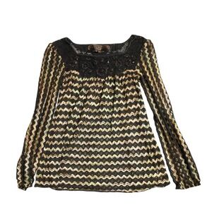 Free People New Romantics Blouse Womens Small Black Gold Beaded Boho Chevron Top